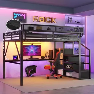 Queen Size Metal Loft Bed with Desk, Charging Station & RGB Lights