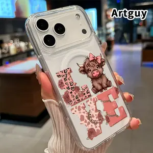 Magnetic Soft Case for iPhone 17 16  Pro Max Plus 15 14 13 12 11 Air E Cute Cow Love Pattern Anti-Yellowing Shockproof ultra-thin Silicone Crystal Transparent Acrylic Large Hole Cover Supports Wireless Charging
