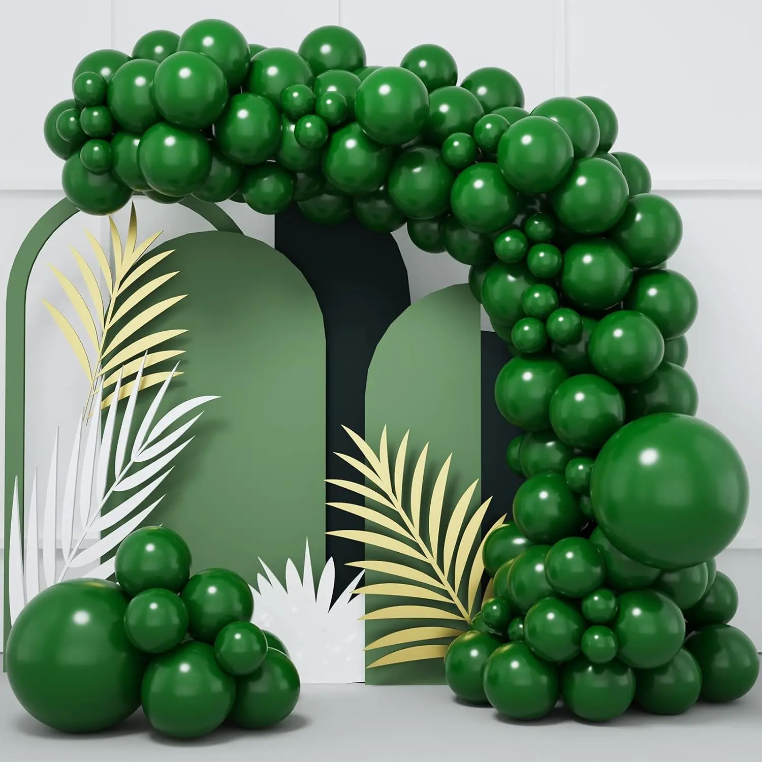 Green Balloon Arch with Palm Leaf Decorations for Festive Events and Parties