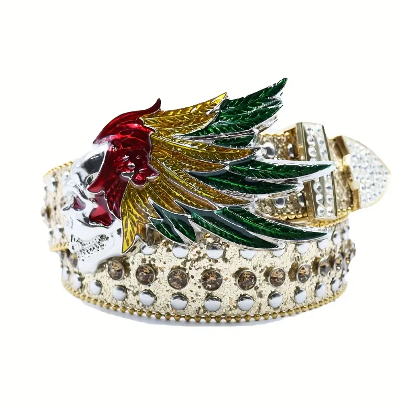 jewelry Rhinestone Black Belt Men Faux Leather Faux Leather PU Black Cross Skull Buckle Revits Belt, Unisex Western Music Festival Embellished Faux Glitter Print Belt With Rhinestone And Rivet, Music Festival Party Wear