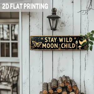 1PC 2D Flat "Wild Moon Children" Metal Wall Decor, Vintage Plaque Decoration - Vintage Bohemian Style Wall Art Sign, Includes Moon, Stars Patterns - Farmhouse Style Home Decor - Metal Hanging Board for Indoor and Outdoor Use, Pre-Drilled, Rustic Design