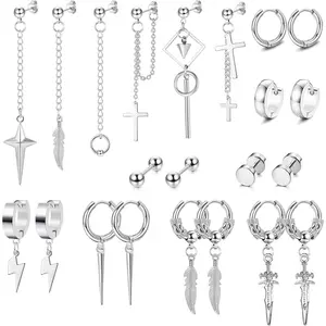 Fansilver  Dangle Earrings for Men Stainless Steel Hinged Hoop Earrings Long Chain Stud Cross Dangle Earrings Set Kpop Earrings for Mens