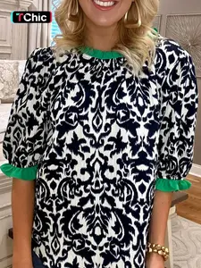 Summer Casual Satin Print Pleated Colorblock Medium Sleeve Shirt, Women's Fashion Top, Comfortable and Stylish, Perfect for Daily Wear