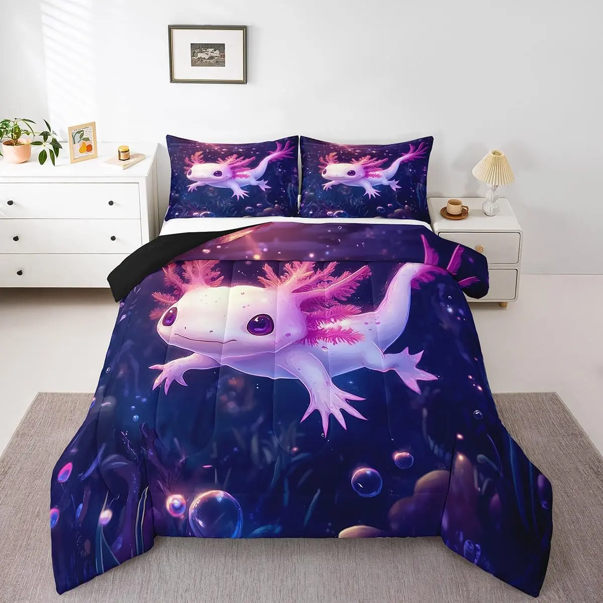 Feelyou Cartoon Axolotl Down Comforter Set - Cozy Soft Warm Cartoon Printed Kid Blanket, Pink Ocean Coral Reef Salamander Quilt, Toddler Bedding (Multi-Size), Travel-Friendly Linens, Bedding Decor, Cartoon Printed Blanket, Cozy Cartoon Blanket