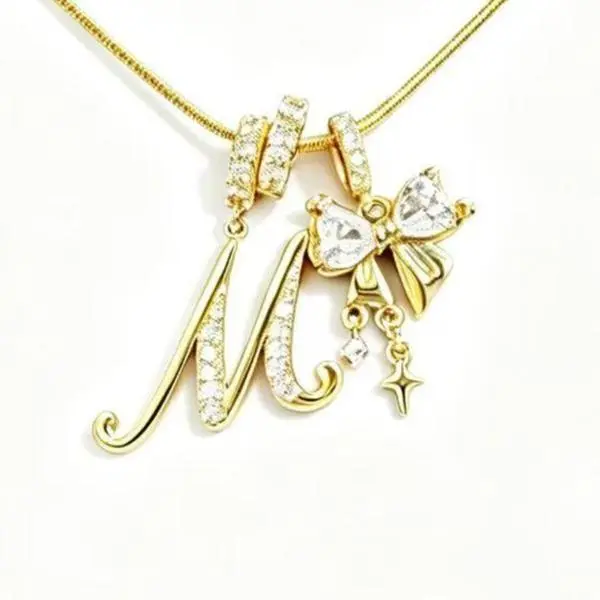 18K Gold Plated Initial M Necklace with Bow & Star Charm — Dainty Snake Chain Personalized Letter Pendant for Everyday Layering, 17.7"+2"