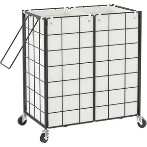 Double Laundry Hamper with Wheels,Metal Wire Frame Rolling Laundry Basket with 2 Removable bags,120L Dirty Clothes Hamper Organizer Dorm Room Storage for Bedroom,Bathroom,Black and White