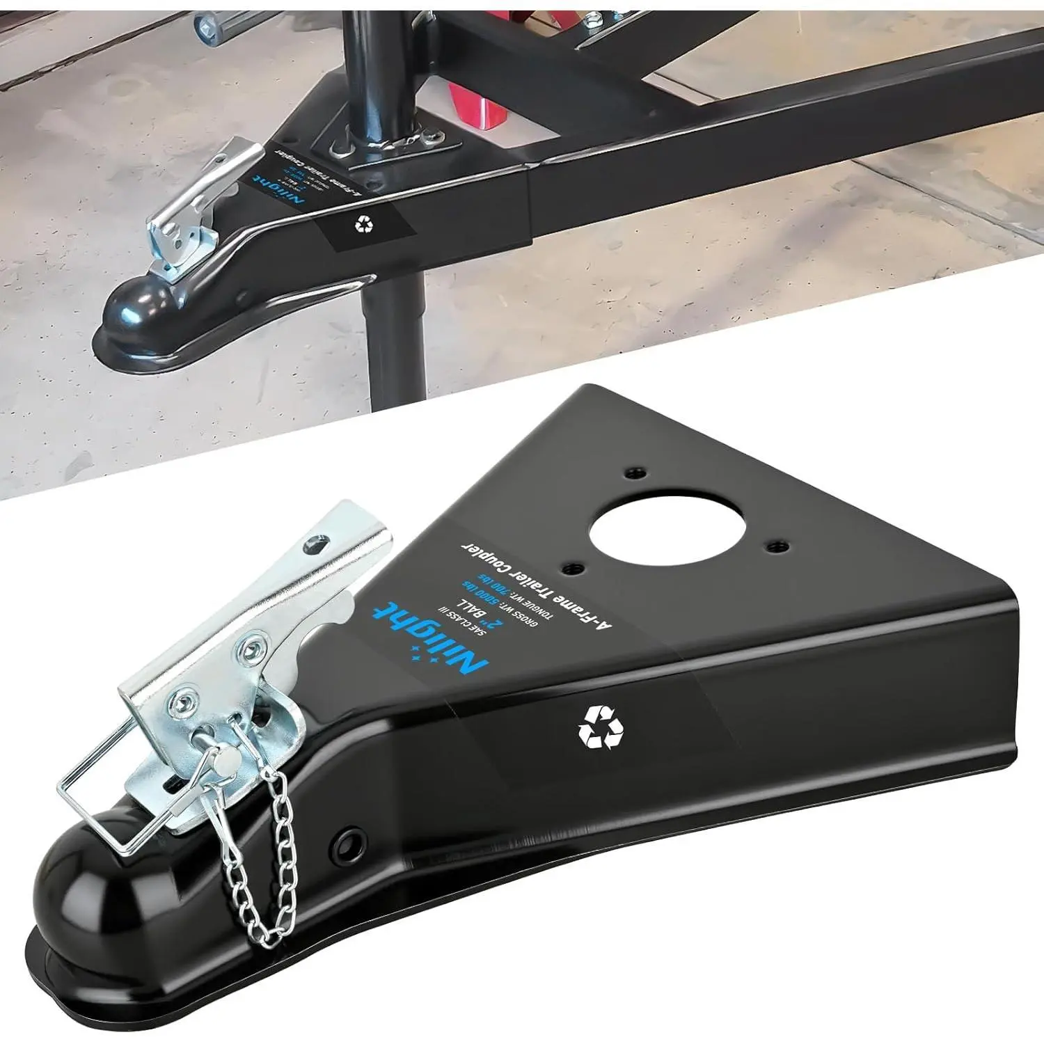 Nilight Class III A-Frame Trailer Coupler with Security Latch&Chain fits 2-Inch Hitch Ball for Pickup Trucks, RV, Boat, Camper, 5000LBS Capacity, Black Powder Coated