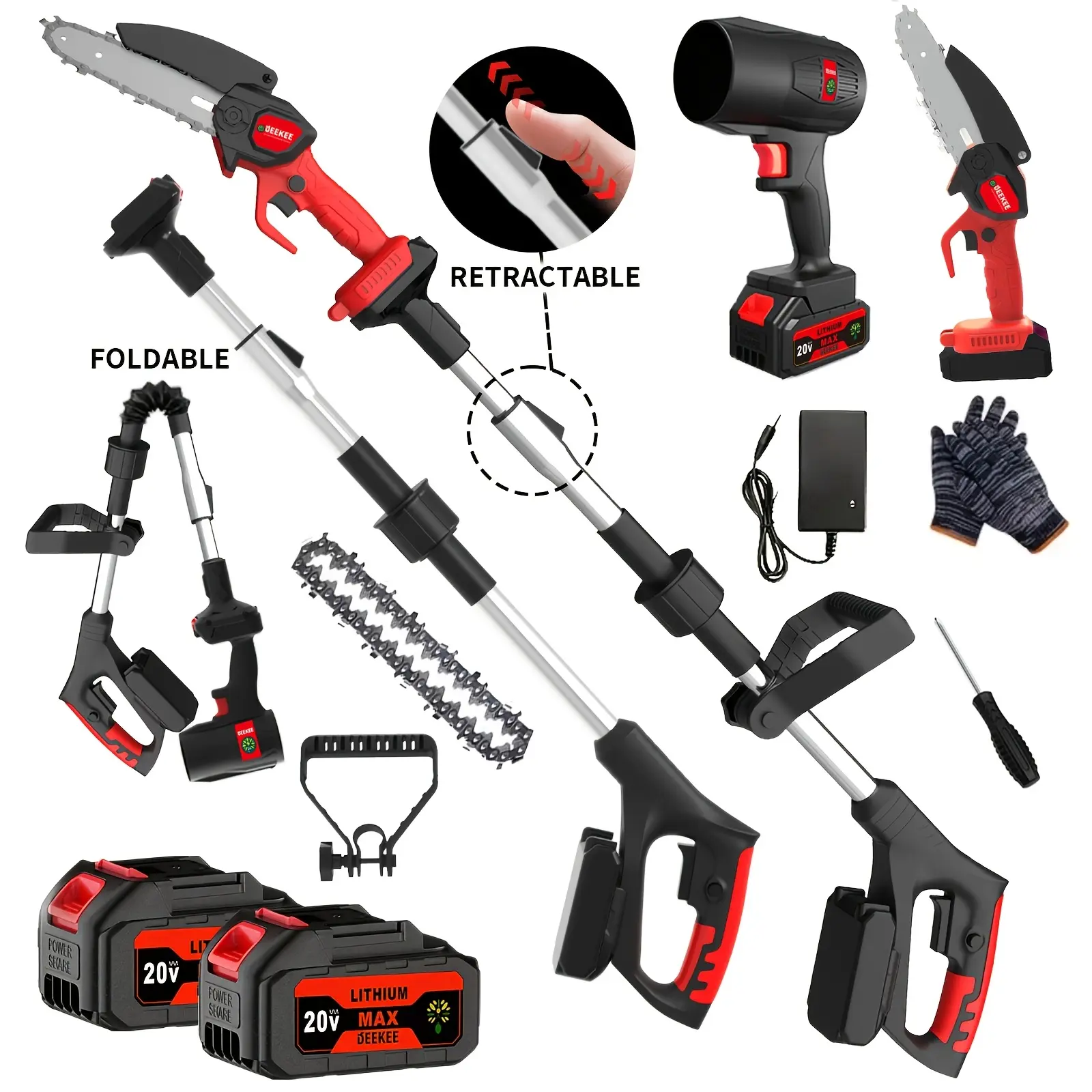 UEEKEE 3-in-1 Cordless Telescoping Pole Saw & Leaf Blower with 2 Batteries / 2-in-1 Pole + Mini Chainsaw with 1 Battery / Mini Chainsaw with 1 Battery, Compact Outdoor Tool for Tree Pruning, Yard & Garden Use, Gift for Men.