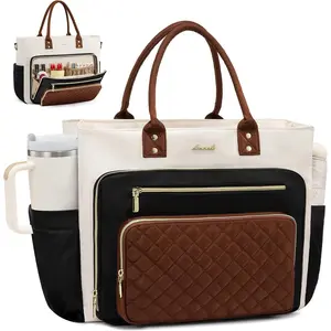 Teacher Tote Bag for Women Work, 15.6 Inch Laptop Bag With Large Cup Holder, Professional Nurse Briefcase Business Computer Purse Bible Handbag Perfect Gift, Black Beige Brown