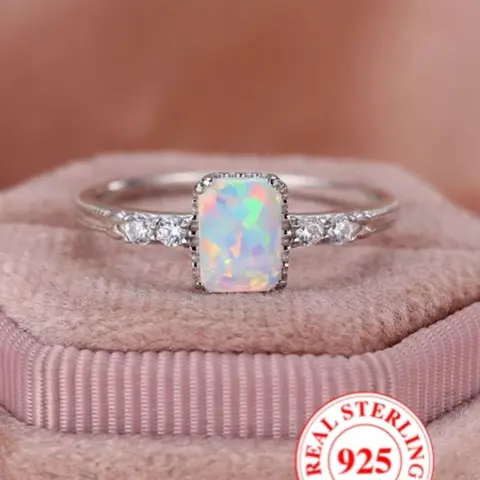 S925 Sterling Silver Fashion Rectangle Shaped Artificial Opal Ring, with Box, Simple Ring for Women, Trendy All-match & Exquisite Jewelry Rings for Birthday Gift, Elegant Casual Ring