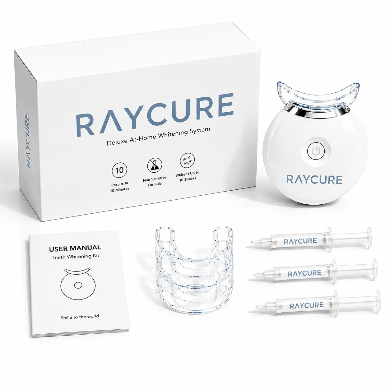 RAYCURE LED Teeth Whitening At-Home System, Enamel-Friendly Boxed Set with LED Accelerator Light and Carbamide Peroxide Gel, Safe Effective Dental Care Kit, Oral, Teeth Whitening Kit, Oral Care, Brightening, Dental Teeth Whitening