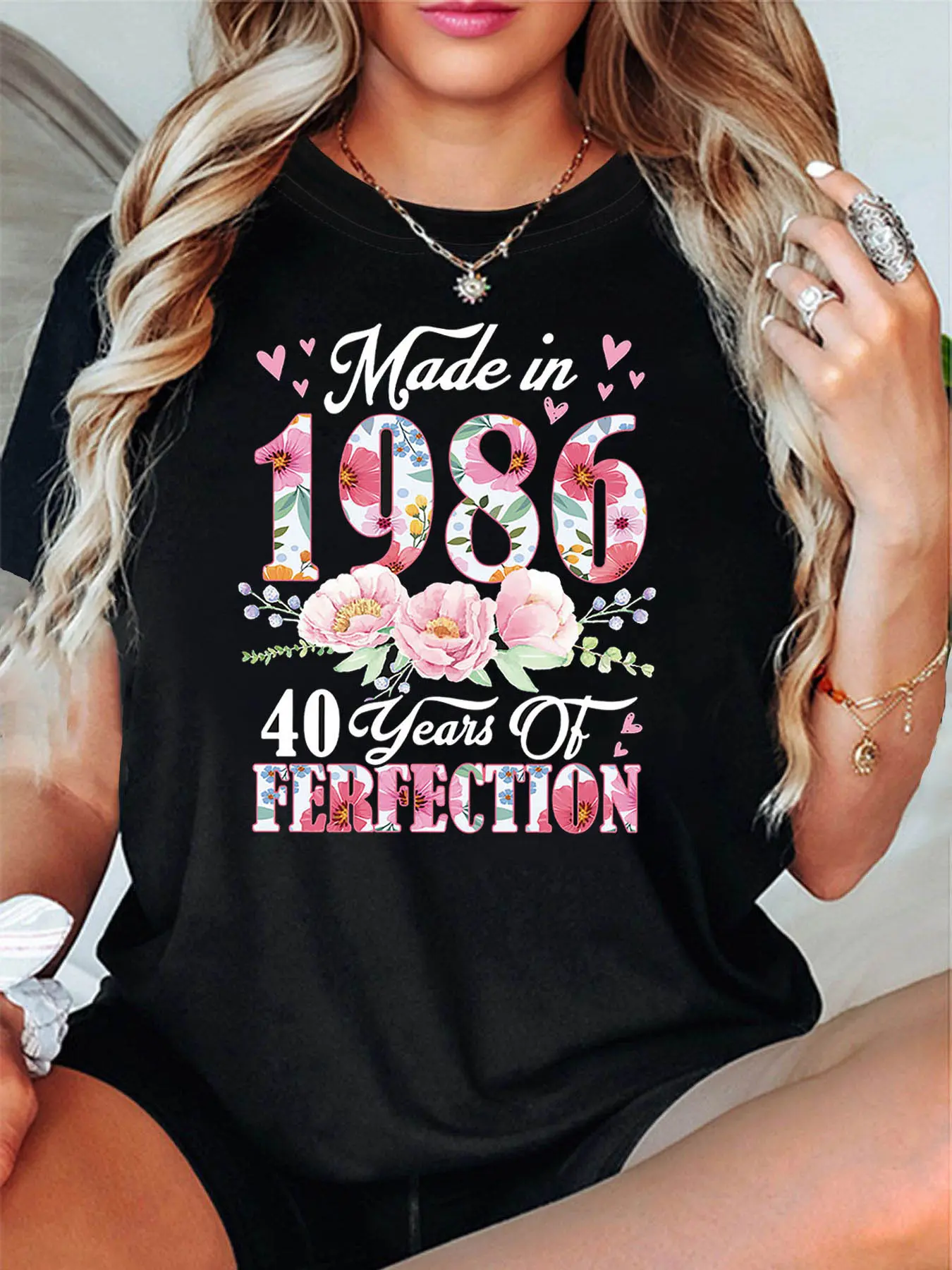 Women'S 1986 40th Birthday Theme T-Shirt |   Flower & Slogan Decor, Casual Short Sleeve, Pink-White Fresh Memorial, Spring/Summer Season