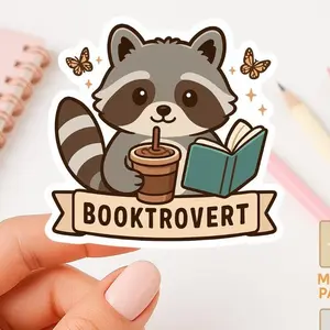 Booktrovert Raccoon Sticker Cute Reading Animal Sticker Book Lover Gift Coffee Bookish Sticker Matte Glossy or Holo
