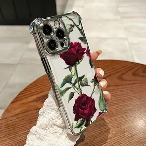 Designed for iPhone 16 Pro Max/15/14/13/12 Pro Max Plus phone caseElectroplating luxury transparent four corner anti drop and shockproof phone case.Rose pattern phone case
