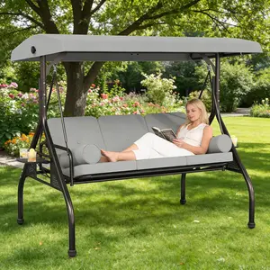 INTERGREAT Outdoor 3 in 1 Porch Swing Chair, 3 Seat Patio Swing Glider with Adjustable Canopy, Heavy Duty Swings with Thickened Cushions, Pillows & Cup Holders for Backyard, Porch, Garden,Grey