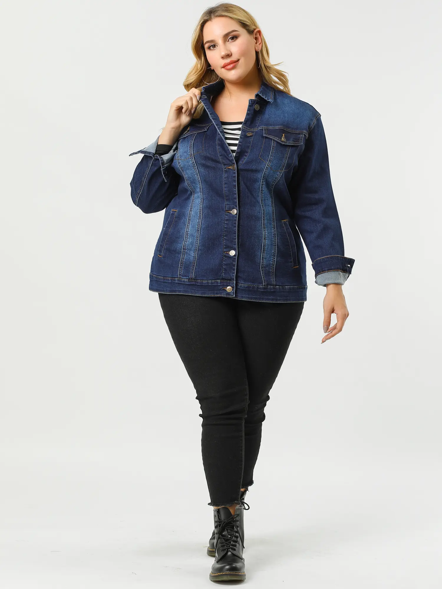 Agnes Orinda Plus Size Cotton Sleeve Stit ching Button Front Washed Denim Jacket