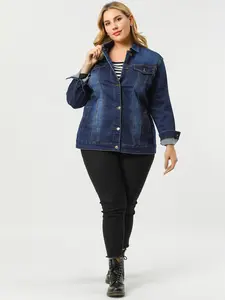Agnes Orinda Plus Size Cotton Sleeve Stit ching Button Front Washed Denim Jacket