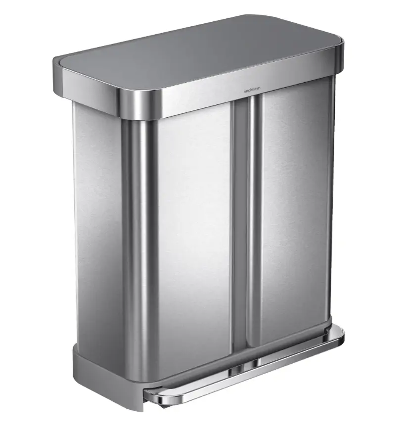 simplehuman 58 Liter/15.3 Gallon Step Can Liner Pocket, Brushed Stainless Steel Dual Compartment Recycler