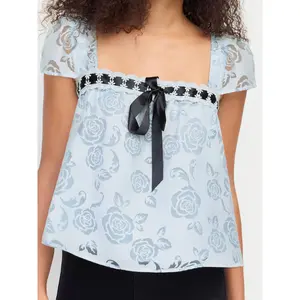 Cider Textured Floral Square Neck Puff Sleeve Bowknot Lace Trim Blouse