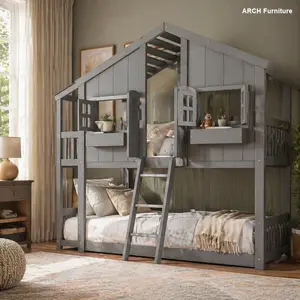 Child-Friendly Twin Size Pine Wood Roofed House Loft Bunk Bed with Roof, Window, Window Box, Door, Safety Rail, Ladder, Twin Size Mattresses, Instruction Manual, Grey, Child-Friendly Beds