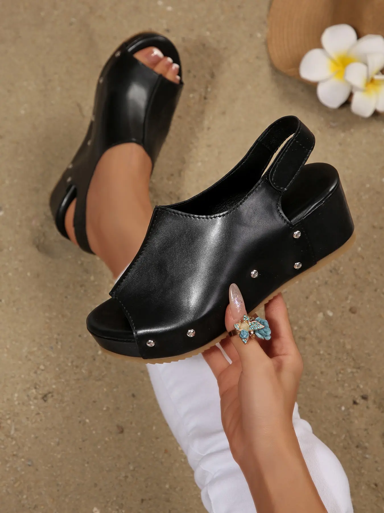 New Summer Women's Thick Sole Fish Mouth Sandals, Large Size Velcro Closure, Fashionable and Versatile, Comfortable and Stylish Footwear, Wedge Heels Sandals, Fashionable Casual Sandals