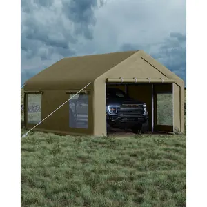 GAOMON 12x20 ft Portable Garage, Car Port with 200 g PE Tarp Canopy, with 2 Roll-Up Doors and 4 Windows, for Temporary Paint Booth, Boats&Pickups Shed, and Event Shelter, Khaki