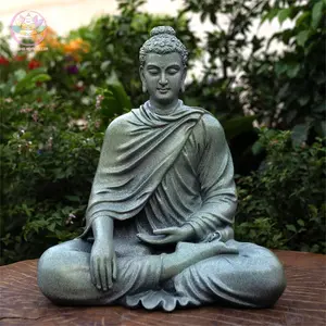 Buddha Artisan Earth-Touching Mudra Statue Handmade in Vietnam Spirituality Decorative Sculpture with Gray-Green Granite Finish for Meditation Areas - Religious