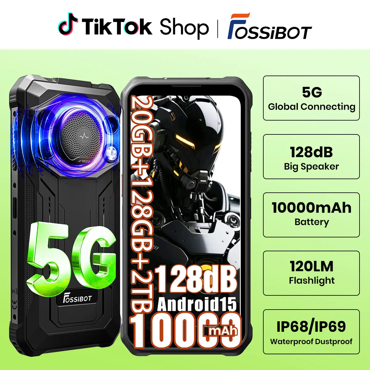 FOSSIBOT F110 Pro Rugged Smartphone Unlocked 5G Android 15, 128dB Loudest Speaker 20GB+128GB /2TB 10000mAH, 6.7'' HD Display 50MP Rear Camera, IP68/69K Waterproof, NFC/Dual SIM/Widevine L1