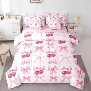 Feelyou 7-Piece Pink Plaid Grid Girls Bedding Set - Microfiber Kawaii Comforter Set with Sheets, Ribbon Accents, Cherry Prints, Soft Blanket (Multi-Size)