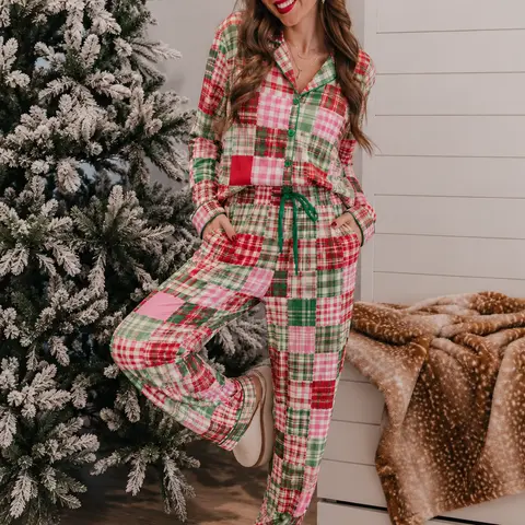 Women's 2-Piece Christmas Plaid Pajama Set - Long Sleeve Button-Down Top, Drawstring Pants, Soft Cozy Sleepwear, Holiday Loungewear, Xmas Morning Outfit, Gift for Her, Pyjamas