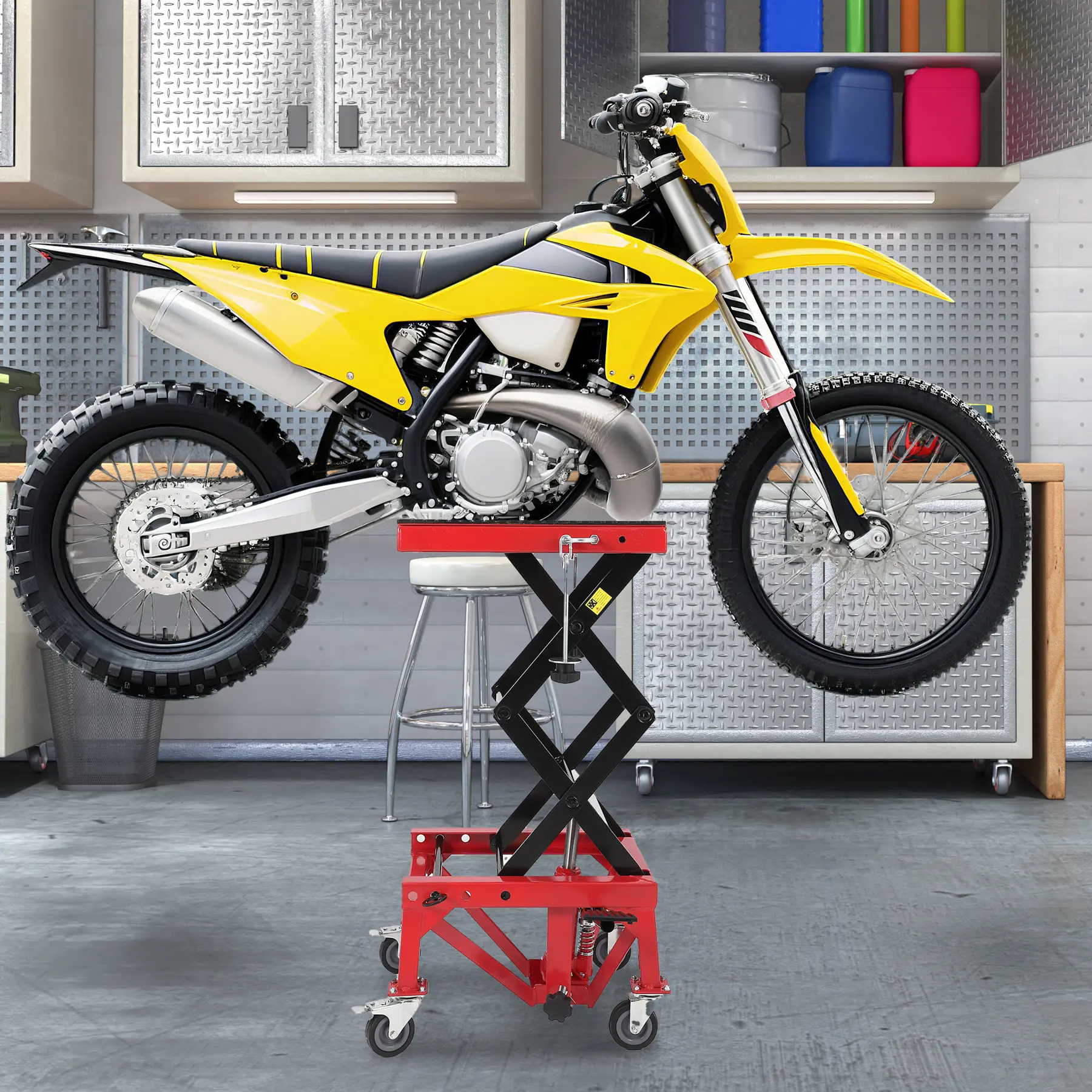 350lbs Hydraulic Motorcycle Lift Jack – Heavy-Duty Steel Scissor Table Stand,  for ATV & Dirt Bike Maintenance Foot-Operated with Wide Deck, Safety Lock, Oil Drain Hole, J-Hooks, 4 Wheels, Adjustable Height 13.8-34.3 Inches
