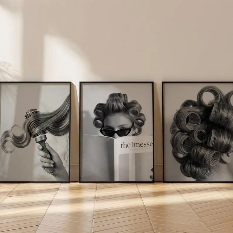 Vintage Beauty Salon Decor Set of 3, Retro Minimalistic Prints for Hair Stylist, Black and White Fashion Magazine Poster, Framed Gallery Set