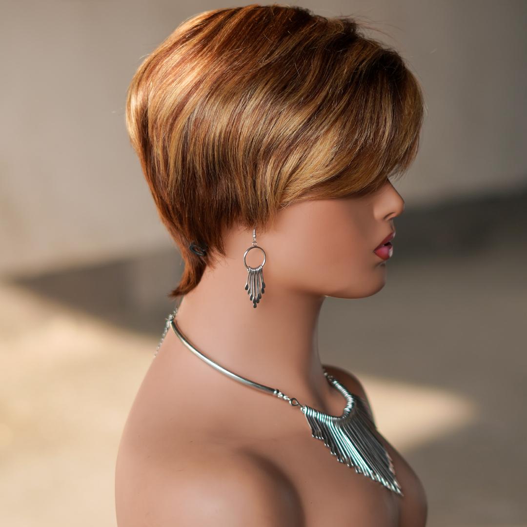Short Pixie Cut Wig With Bangs, Glueless 180% Density Brazilian Virgin Human Hair, 6 Inch 1B Natural Black Mixed Blonde, Machine Made Wig For Daily & New Year Wear