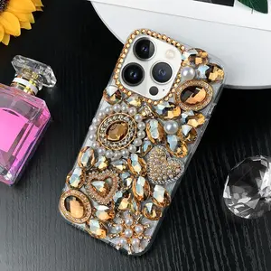 Radiant Gold Princess Pearl Perfume Bling Rhinestone Phone Case with Chain – Sophisticated Protective Cover for 17, 16, 16 Plus, 15, 14, 13, 12, 11 Pro Max and S25 Ultra