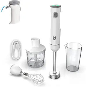 Cordless Hand Blender,  Variable Speed Immersion Blender Rechargeable, with 500ml , 600ml container, Egg Whisk, for Smoothies,   and Soups - White