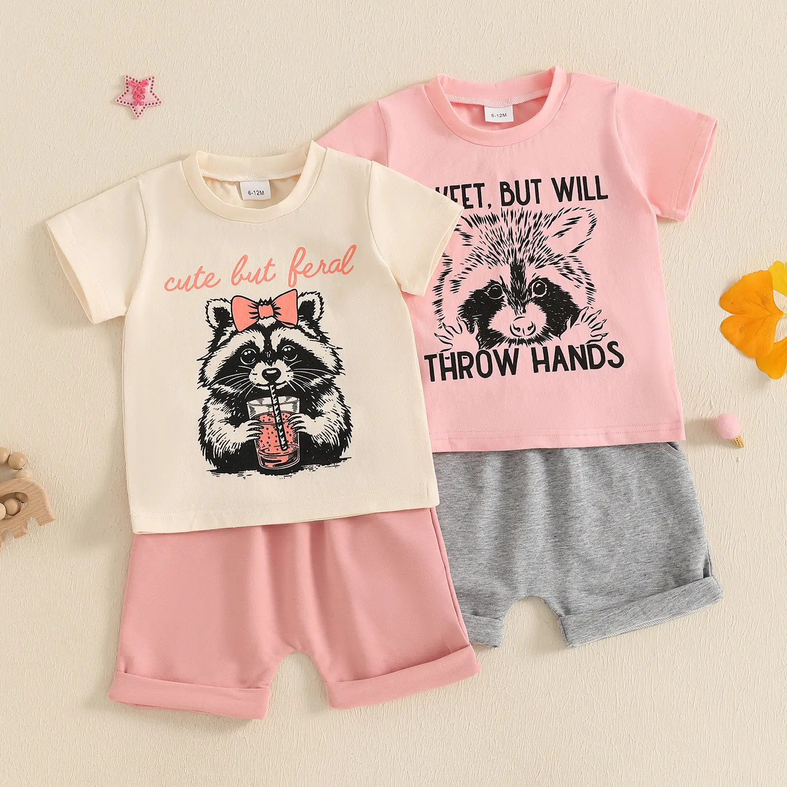 [Lullaby] Toddler Girls Summer Outfit Raccoon Letter Print Short Sleeves T-Shirt and Elastic Shorts Set Cute 2 Piece Clothes