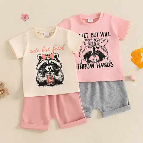 Toddler Baby Girls Clothing 2-Piece Lullaby Outfits, Raccoon Letter Print Short-Sleeve T-Shirt & Elastic Band Stretchy Shorts, Quick On/Off Summer Carnival Clothes Gift Set