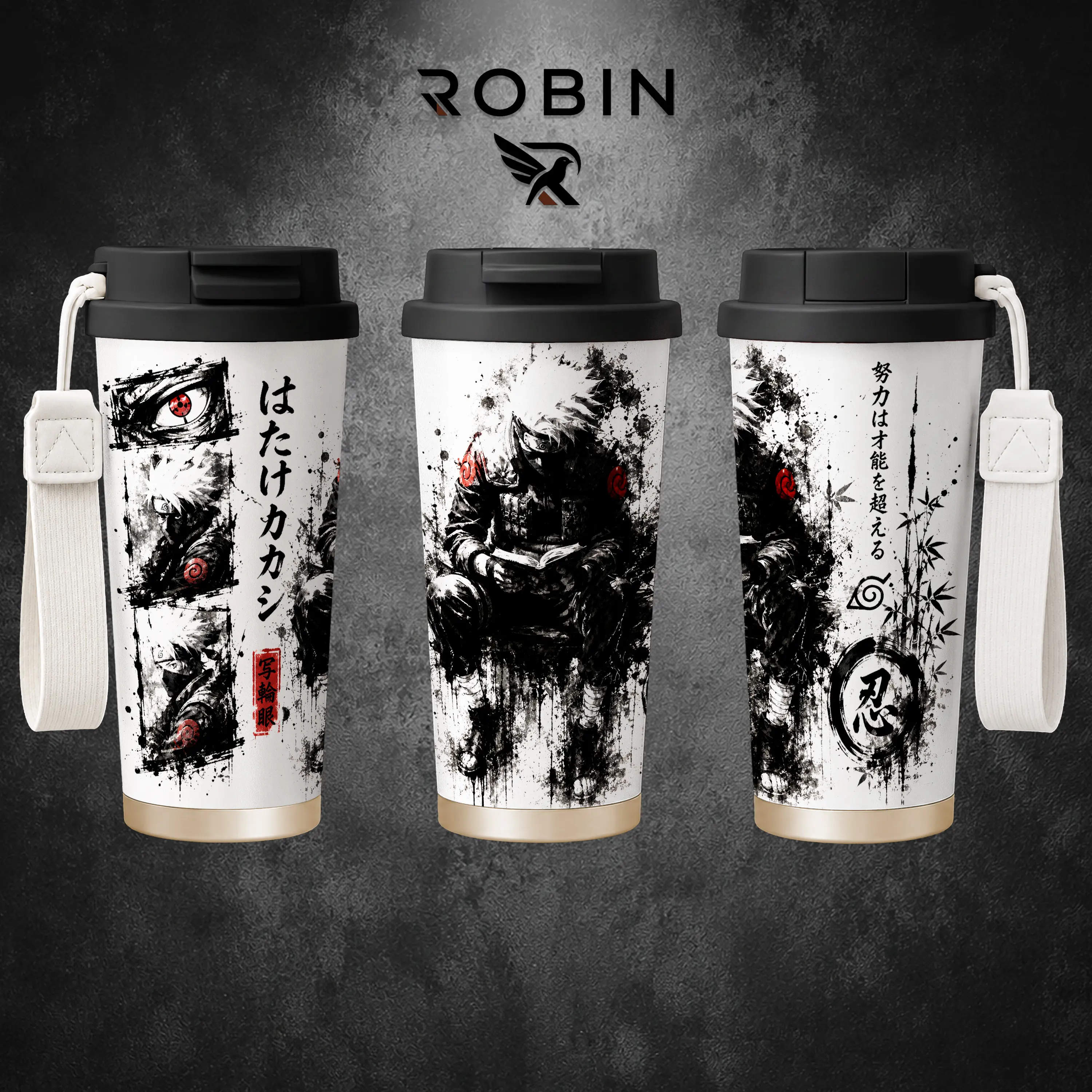 Kakashi Hatake 17oz/30oz Insulated Tumbler Water Bottles, Naruto Anime Stainless Steel Travel Cup with Carry Strap or Handle, Built-In Straw Flip-Top Lid, Hot Cold Drink Mug, Anime Gift for Fans