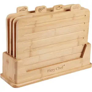 12.6"L x 9"W Bamboo Cutting Board Set of 4 - Wood Cutting Board Set with Holder, Chopping Boards Set with Food Icons, Juice Groove - Ideal for Meat, Fish, Bread, Vegetable, Fruit Chopping