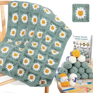 Blanket Crochet Kit for Beginners, Granny Squares Crochet Blanket Kit with Soft Yarns Detailed Instruction, Complete Crochet Starter Kit for Daisy Blanket, Easy to Learn Yarn Kit