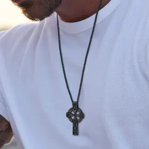 FaithHeart Celtic Knot Cross Necklace with Viking Runes Stainless Steel