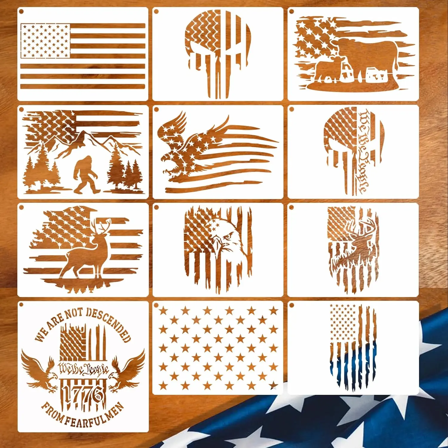 12pcs American Flag Stencil Star Stencils for Painting Union 50 Stars 1776 Military We The People Template Patriotic Wood Burning Spray on Shirt Project Crafts Wooden
