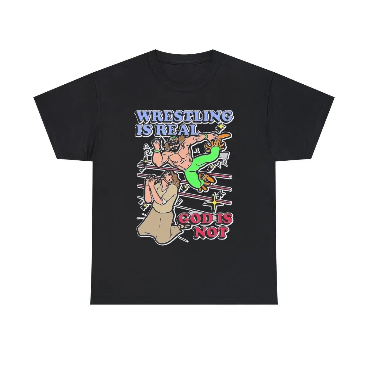 Unisex Short-Sleeve Round Neck Heavy Pure Cotton Wrestling Graphic Print Sporty Sports Top - "Wrestling Is Real God Is Not" Print, All-Season Machine-Washable Casual Outdoor Top