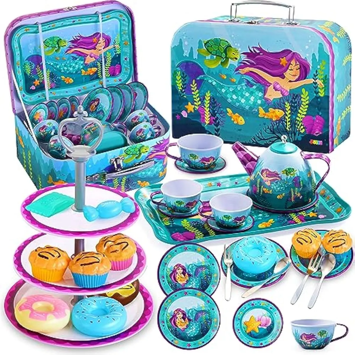 35Pcs Mermaid Tea Party Set for Little Girls, Pretend Tin Teapot Set, Princess Tea Time Play Kitchen Toy with Dessert, Doughnut, Carrying Case for Birthday Easter Gifts Kids Toddlers Age 3 4 5 6