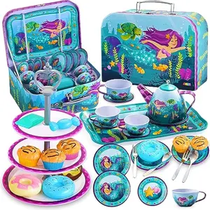 35Pcs Mermaid Tea Party Set for Little Girls, Pretend Tin Teapot Set, Princess Tea Time Play Kitchen Toy with Dessert, Doughnut, Carrying Case for Birthday Easter Gifts Kids Toddlers Age 3 4 5 6