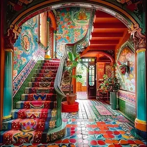 5D DIY Full Drill Round Diamond Painting - Diamond Art Painting Kit, Bustling Staircase, Floral Wall. Mosaic, Canvas - DIY Decorative Painting, Home Wall Decor, Suitable for Halloween and Christmas, Birthday and Anniversary Gifts.