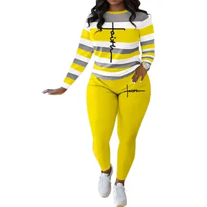 Casual Striped Faith Print Two Piece Set for Women Long Sleeve Crew Neck Top + High Waist Pants Lounge Tracksuit