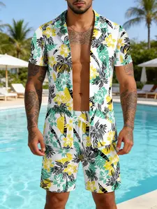 Men's Tropical Two-Piece Set, Hawaiian Palm Leaf Printed Short Sleeve Shirt, Drawstring Beach Shorts, Spring Summer Holiday, Street Casual Style