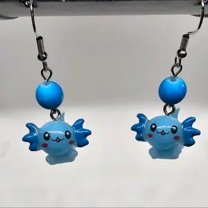 Cute Chibi Axolotl Earrings! Handmade Hypoallergenic Dangle Earrings with Matching Small Acrylic Beads
