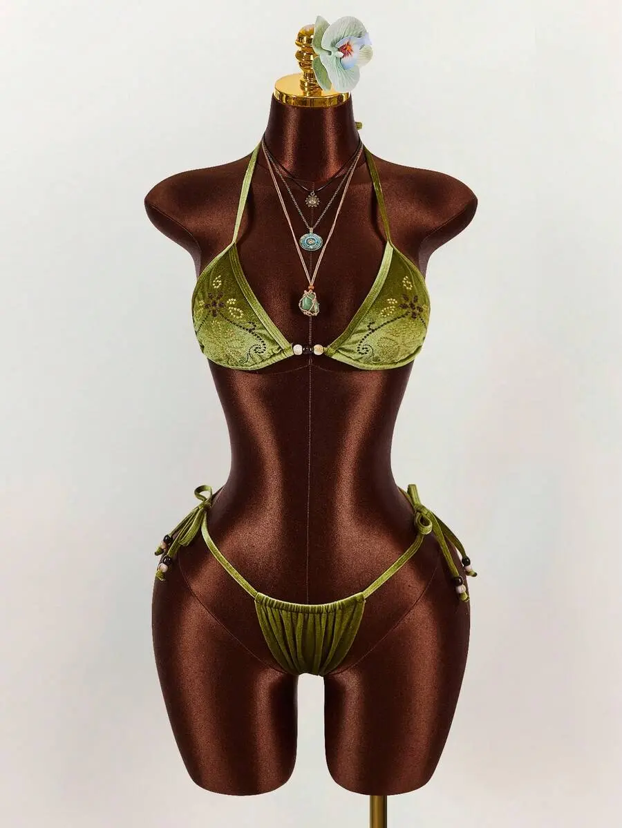 Women's 2pcs Beaded Embroidered Triangle Cup Bohemian Clothes - Green Backless Crop Top with Fabric, Sexy Avant-Garde